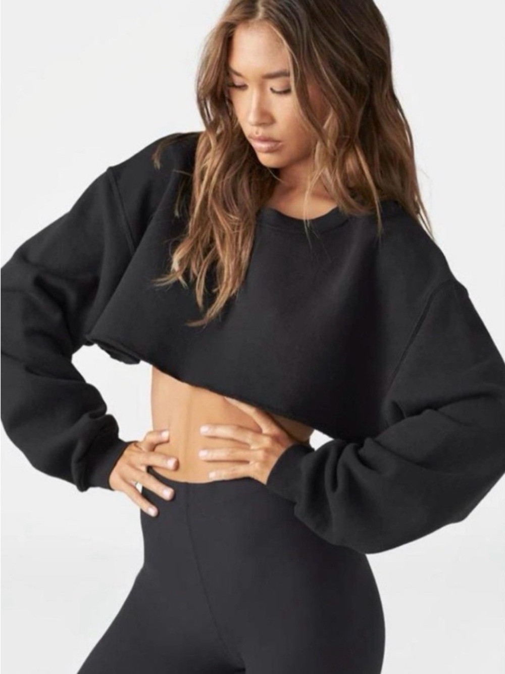 Joah Brown Slouchy Crop Pullover Sweatshirt Black One Size